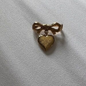 Vintage Gold Bow & Heart Locket Pin